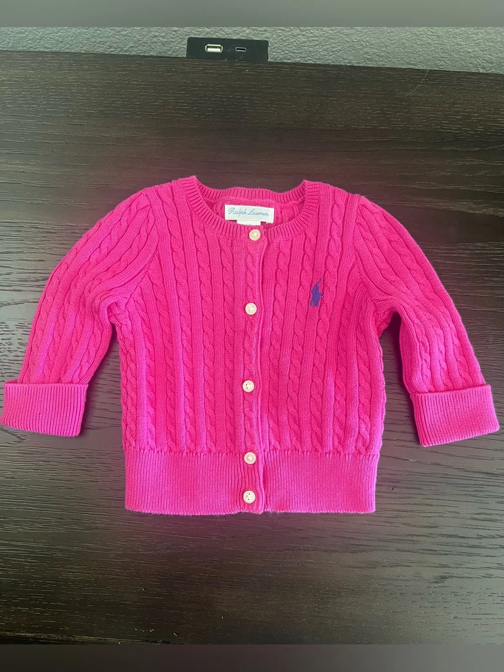 Ralph Lauren Hot Pink Mini-Cable Cotton Cardigan with Blue Pony